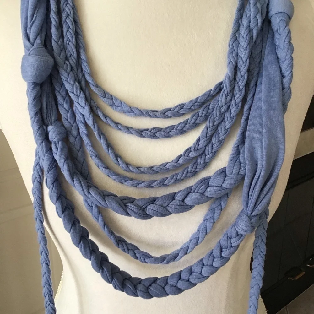 NEW Scarf Necklace Blue Multi Loop Braid Tassel Knot Multi Loop SOFT Knit Boho - Picture 8 of 9